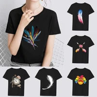womens clothing black tshirt casual slim top color feather pattern printing series ladies commuter short sleeved o neck t shirt