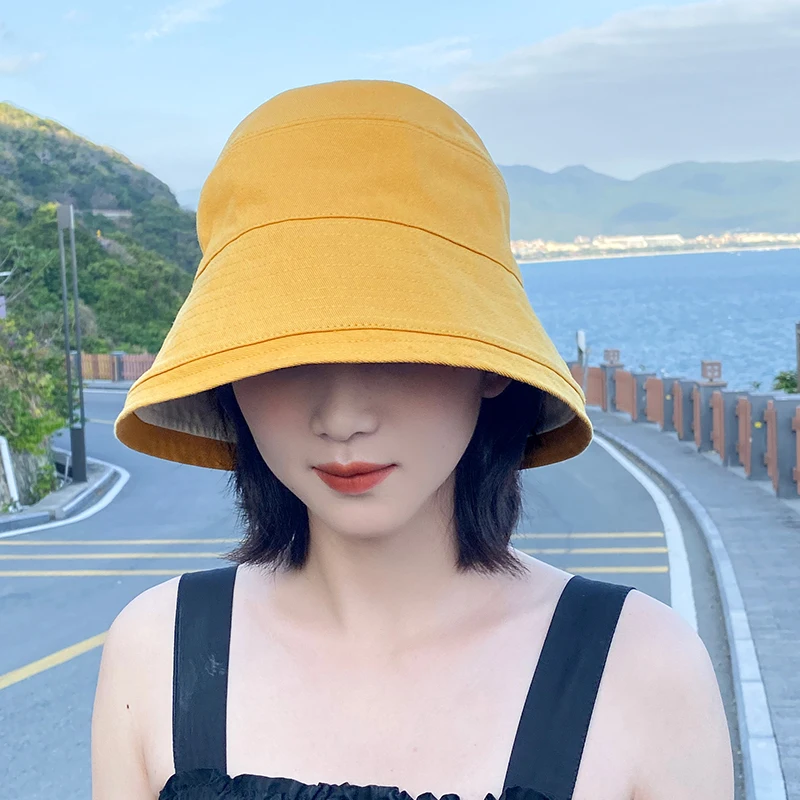 

Summer Black Bucket Hat For Women Sun Hat Korean Sunscreen Small Brim Fishermen Hats Basin Chapeau Two Side Reversible Panama