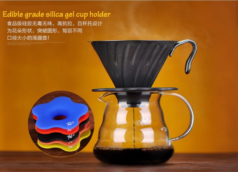 FeiC 1pc 3 colours Stainless steel coffee dripper with Edible grade silica gel cup holder V60 style 1-2cups for barista |