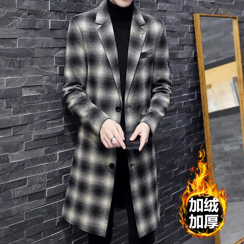 Мужской клетчатый шерстяной костюм HOO 2022 Молодежный длинный утепленный красивый
