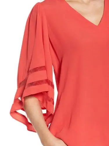 

New Arrival Fashion Women Top Shirt Medium Sleeve Solid Color Deep V-Neck Sheer Shirt Loose-Fit Mesh Wild Fashion Pullover Top