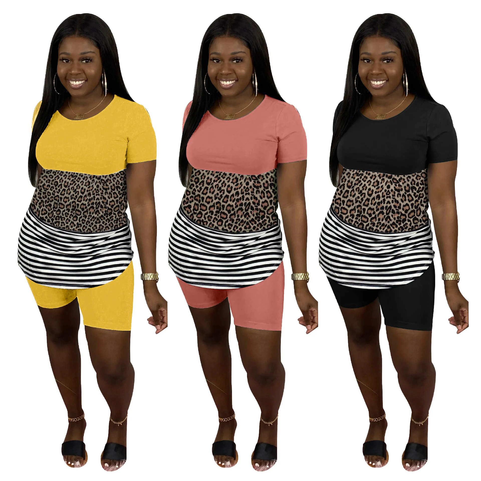 Новый дизайн Leapord печати женские топы с шортами повседневные