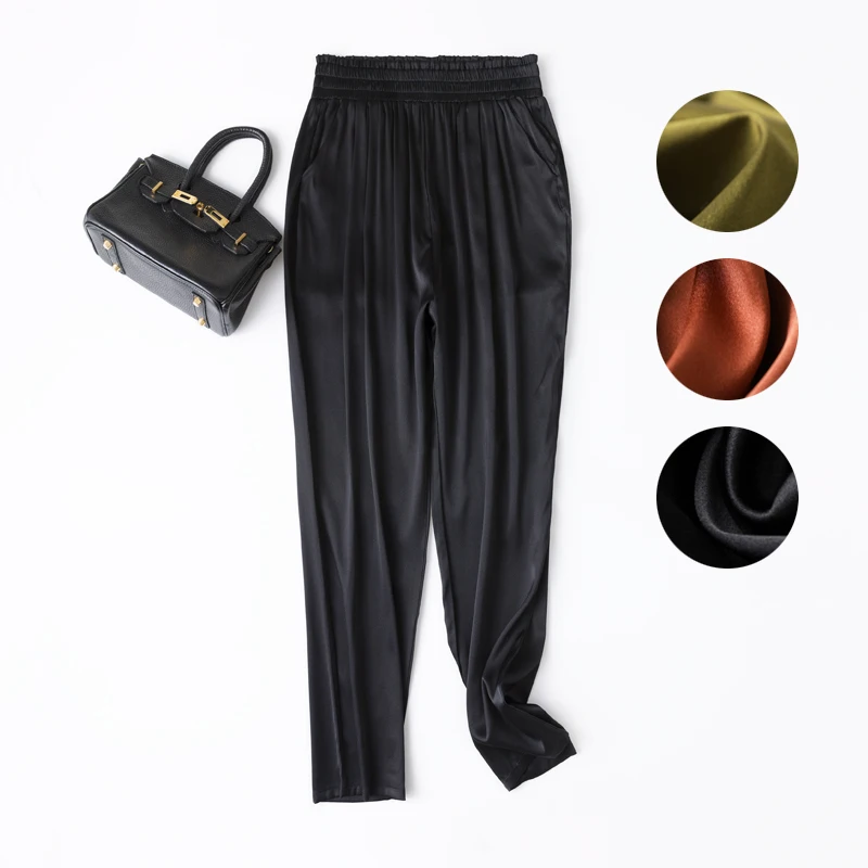 

Women Silk Pants 93% Silk 7% Spandex Satin Silk Tapered Leg Long Pants Trousers Harem Pants Elastic Waist Solid colorsL1013