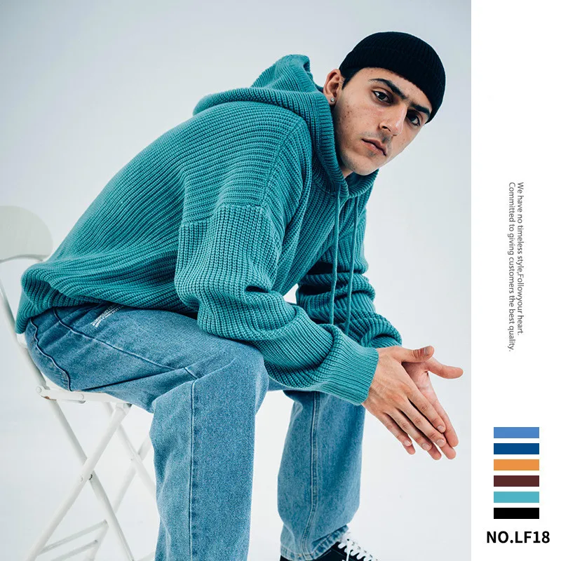 

Новинка Осень-зима 2019, брендовый однотонный вязаный свитер с капюшоном, свитшот, свободная Мужская толстовка