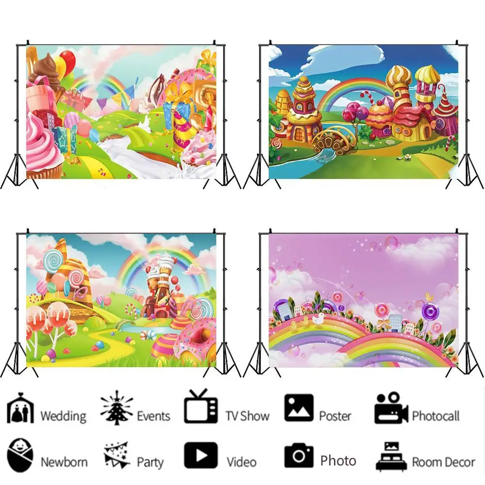

Мультяшный Радужный фантазийный дом конфеты фон Девочка День рождения украшение фотостудия фото Детская комната фон