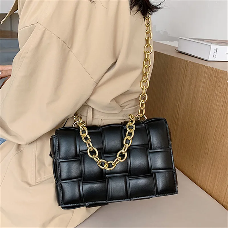 

New Trendy Women's PU Leather Weave Plaid Flap Shoulder Bag Pure Color Retro Messenger Bag Female Casual Small Chain Handbags