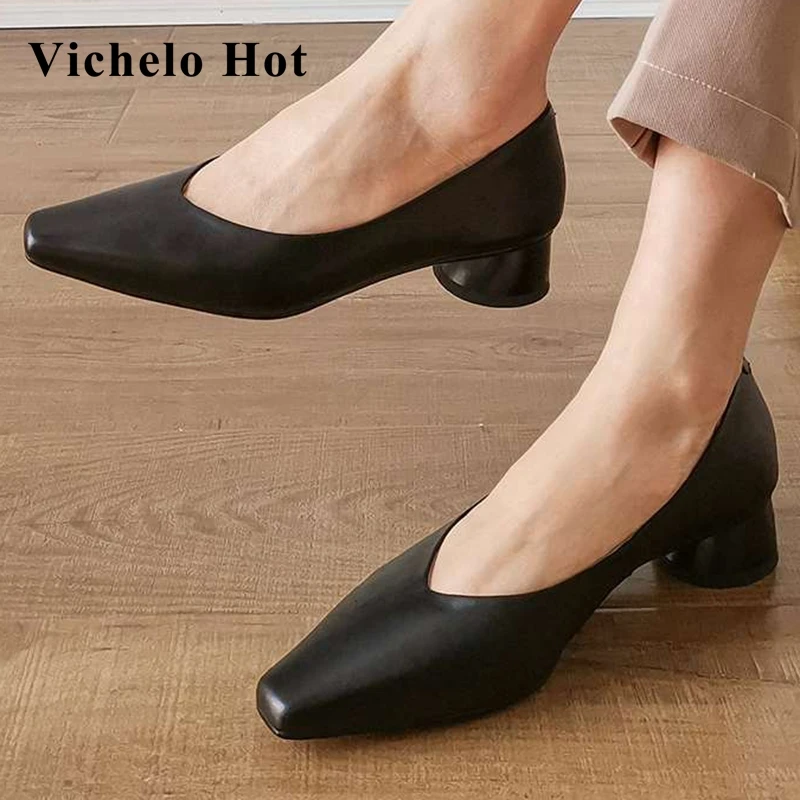

Vichelo Hot concise style solid classic colors full grain leather small square toe med heel office lady casual women pumps L30