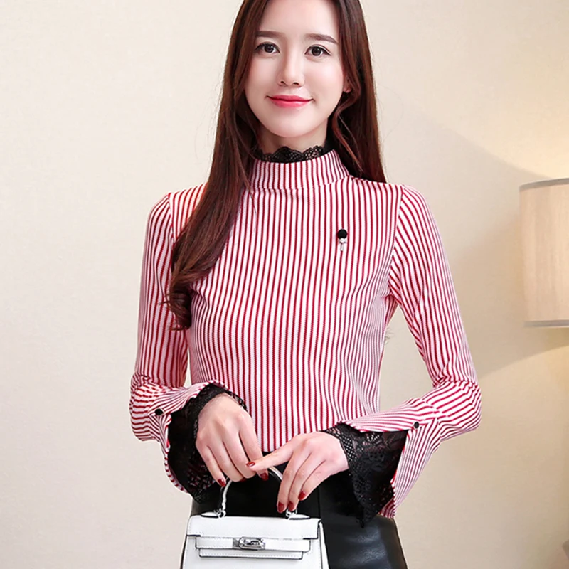 Корейские модные шифоновые женские блузки с кружевными расклешенными рукавами