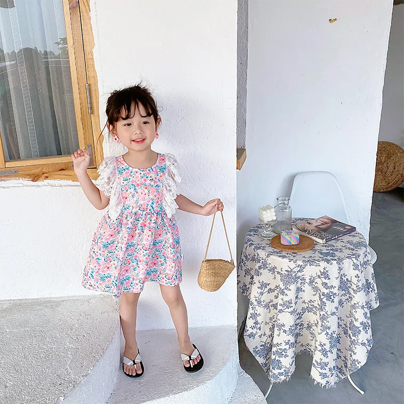 

Girls summer 2021 new children's Korean style floral skirt, baby short-sleeved dress, children's fashionable skirt summer dress
