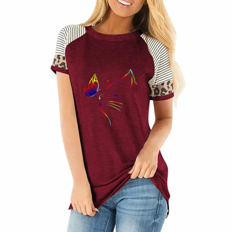 

Women Tops Tees Cat Butterfly Printed t Shirt Female Casual Short Sleeve Patchwork Leoaprd T Shirt Female Summer 2021