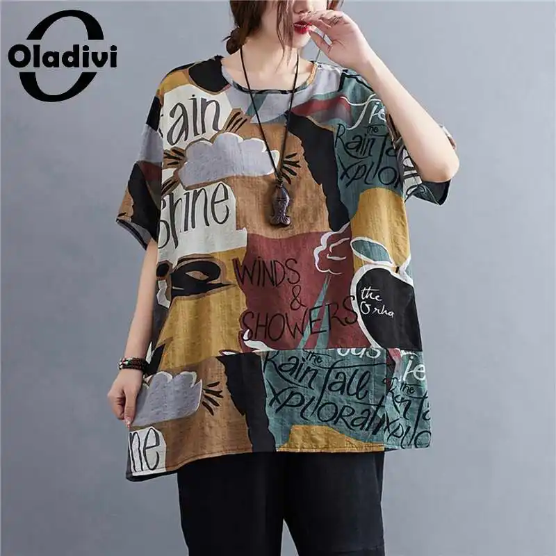 

Блузка женская Oladivi, свободная, с принтом, большого размера, летняя, 2021