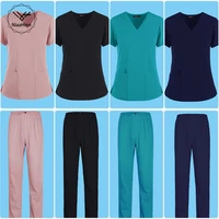 womens short sleeve v neck solid color nursing work scrub uniform suit clinic nurse uniform protective clothing care worker lab