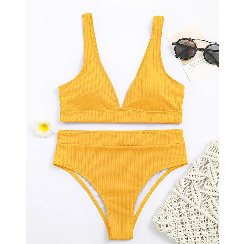

FJPTBGMY Sexy Solid Ribbed Bikinis 2021 Mujer High Waist Swimsuit Women V Neck Swimwear Female Sports Bathing Suit Stripe Bikini