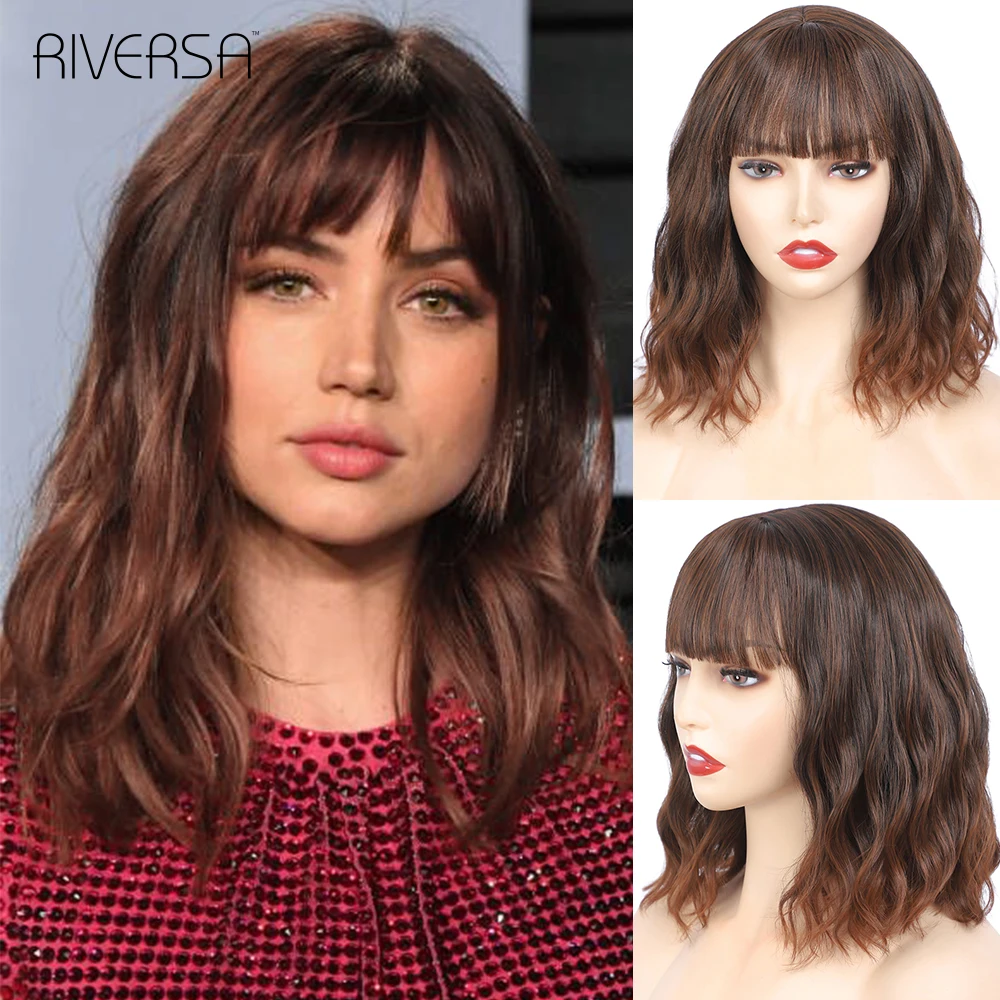 

14inch Synthetic Wigs for Women Short Wavy Wig with Bangs Natural Wigs Black Mixed Brown Lolita Bob Wigs Heat Resistant Fiber
