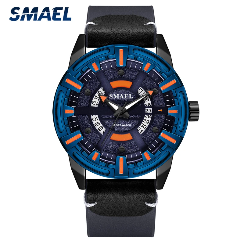 

SMAEL Top Luxury Brand Mens Watches Blue Leather Quartz Sport Watch Men Calendar Fashion Military Wristwatches Male Analog Clock