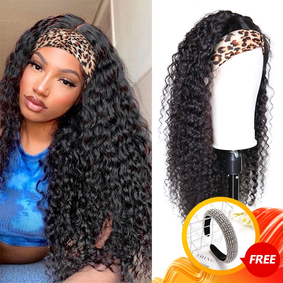 Headband Wig Human Hair Kinky Curly Wigs Brazilian Deep Wave for Women Full Density And Long Free Shipping | Шиньоны и парики