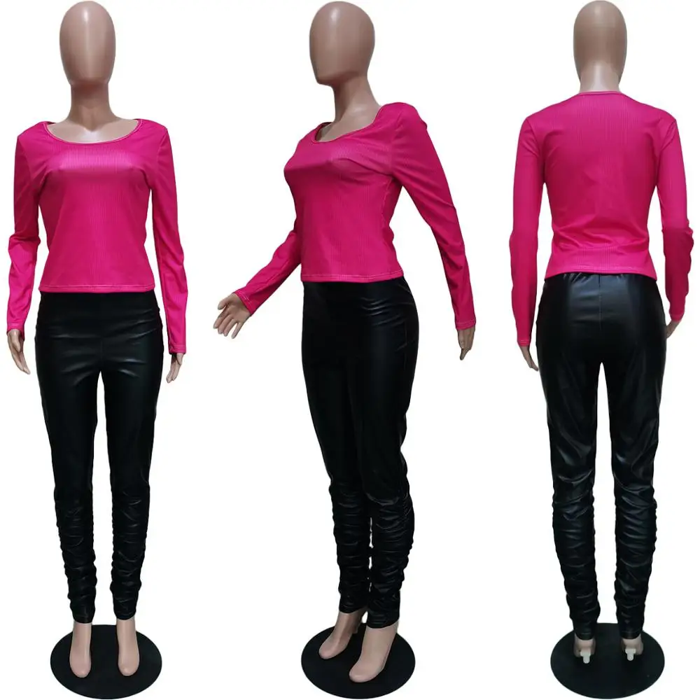 

Autumn new fashion solid color casual two piece suit slim o-neck long sleeve shirt and Pu trousers women's suit