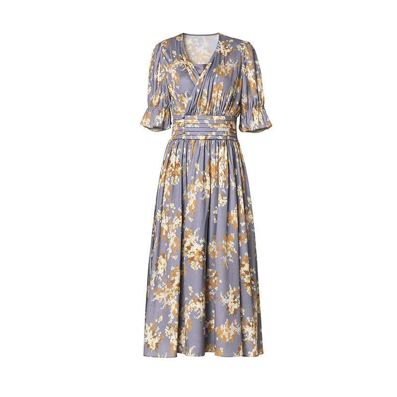 

Gezelligheid Dresses Women 2021 Summer Clothes New Fashion Elegant Casual Sexy Kawaii Short Sleeve Folds Print Purple Midi Dress