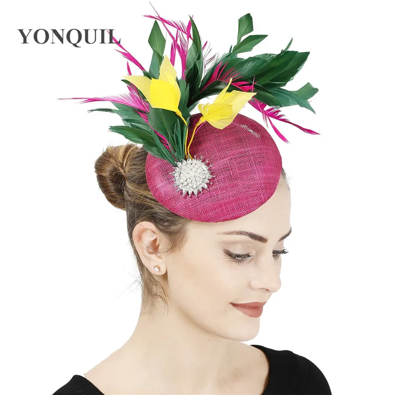 

High Quality 4-Layer Sinamay Wedding Hot Pink Fascinator Headband Elegant Women Chuch Cocktail Formal Headpiece Fancy Feathers