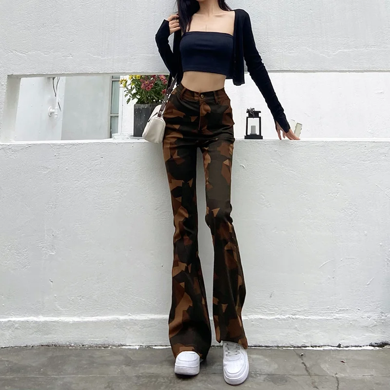 

Женские камуфляжные брюки Kywommnz с высокой талией, облегающие тонкие уличные повседневные брюки, расклешенные брюки, осень 2021, E4138