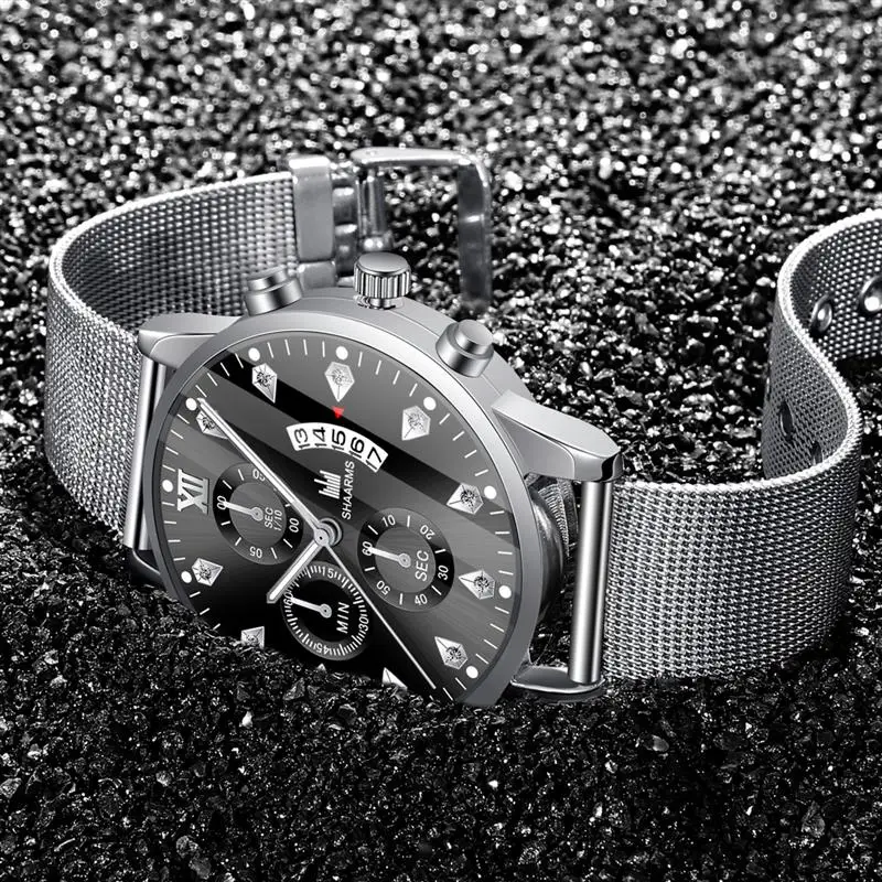 2019 мужские часы роскошные черные с сетчатым ремешком кварцевые из нержавеющей