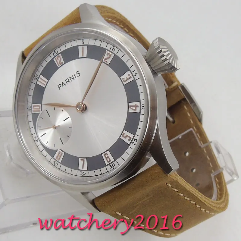 Часы мужские Parnis с белым циферблатом и кожаным ремешком 43 мм покрытием из