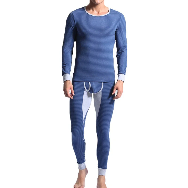 Мужские пижамные комплекты Полосатое хлопковое мужское теплое нижнее белье Топ