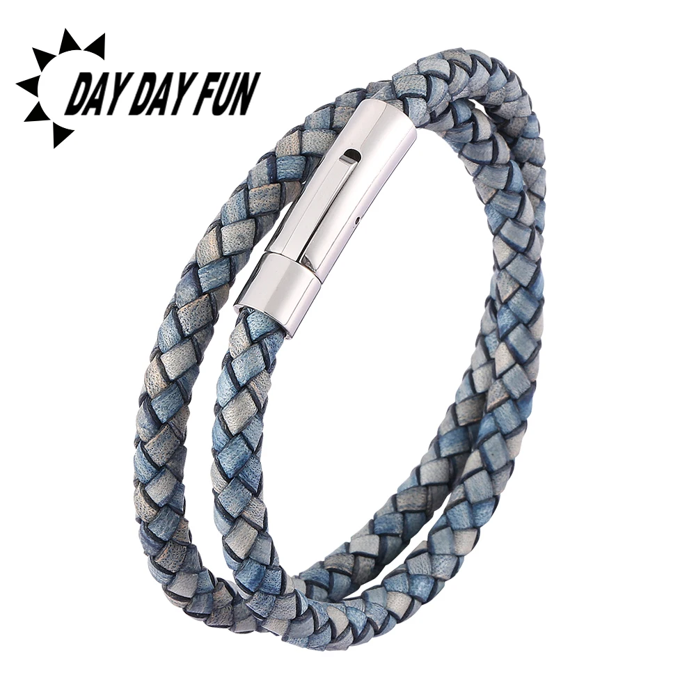 Модные защелки из нержавеющей стали ретро синий плетеный кожаный двойной