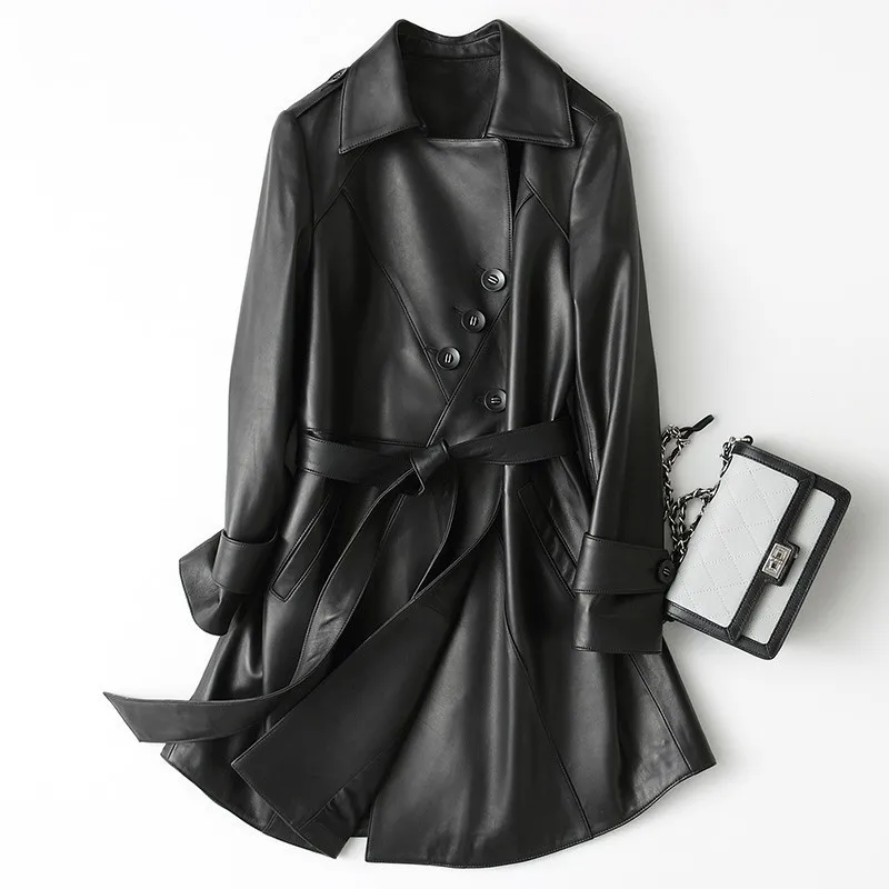 Высококачественные Женские тренчи средней длины из натуральной кожи пальто с