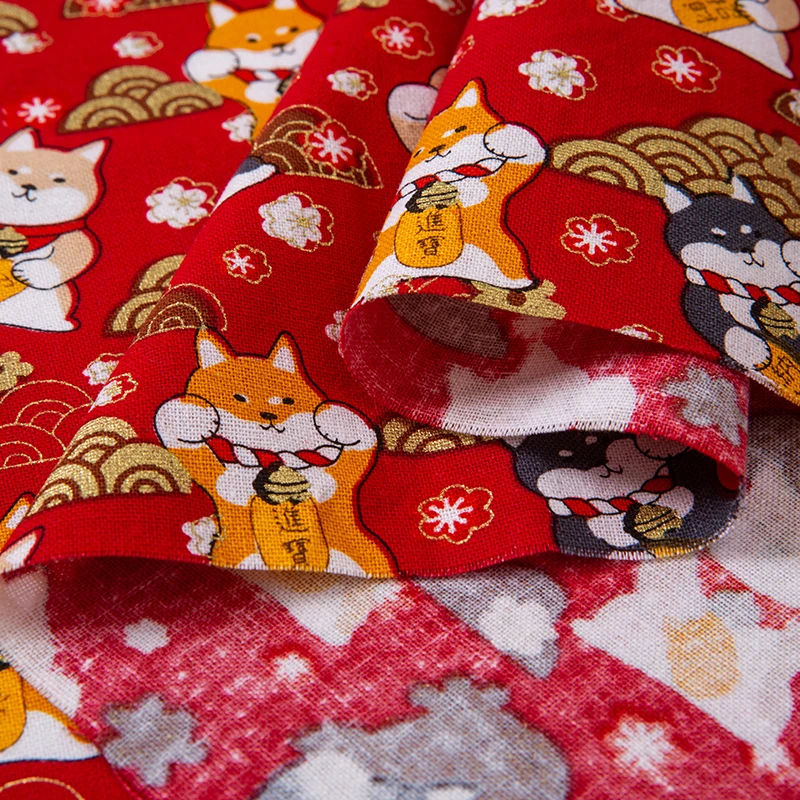 Ткань хлопковая бронзовая для платья в японском стиле с принтом виде кошки и