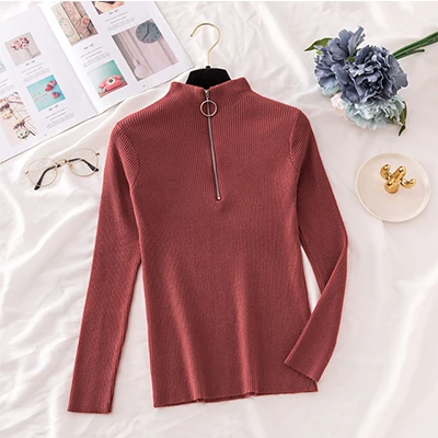 Brick red Однотонный вязаный свитер с высоким воротом, женский корейский Тонкий вязаный пуловер на молнии, женские свитера на осень и зиму - Цвет: Brick red