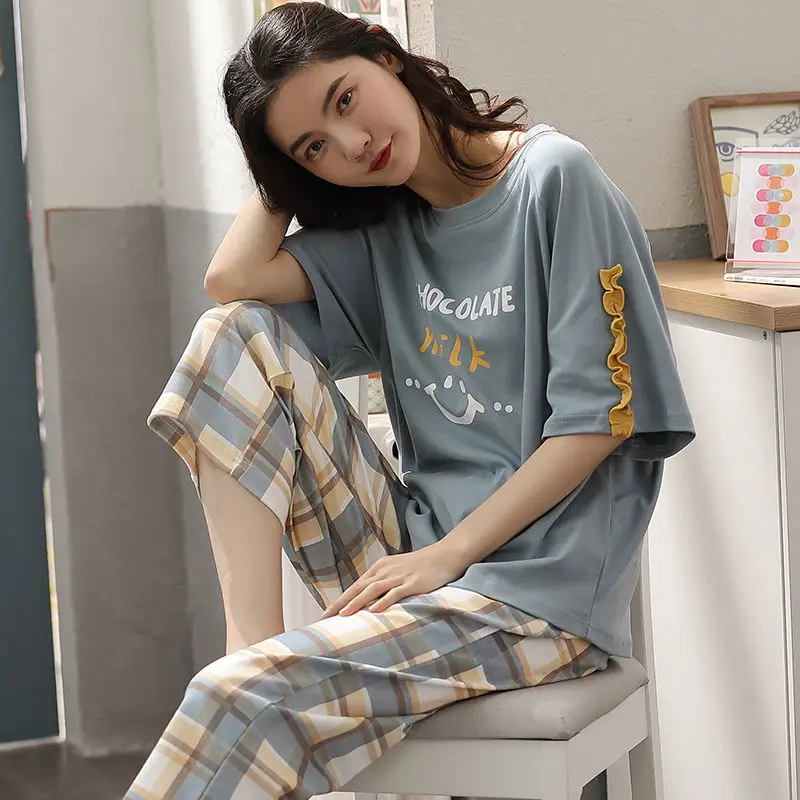 

[multiple options]Korean version pajamas women's summer cartoon short sleeve shorts women's pajamas loose Capris home clothes