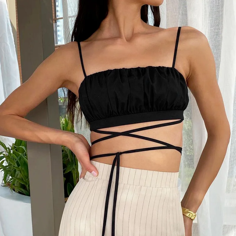 

Chic Sleeveless Short Top Pleated Sexy Bandage Camisole Black Summer Sling Women's White Camisole Top High Street 2021 Fashion