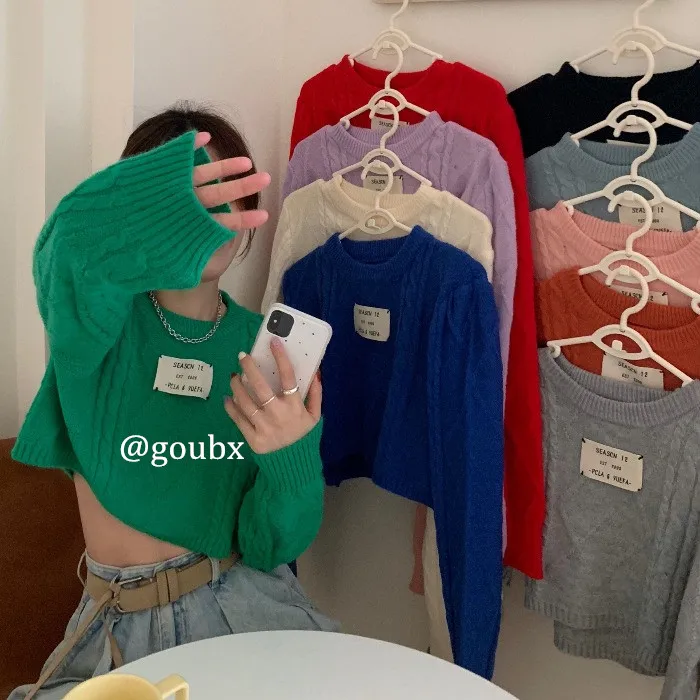 

2020 nian осень-зима новый стиль ярлык простой Универсальный свитер Топ женский короткий пуловер с длинным рукавом и круглым вырезом