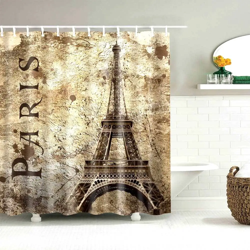 

Dafield Shower Curtain Vintage Design Romantic Franch Paris Eiffeltower Arts Pattern Waterproof Bathroom Decor With Hooks