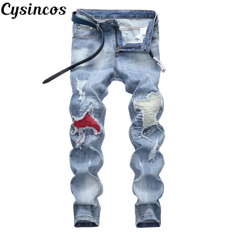 Мужские джинсы с потертостями CYSINCOS прямые облегающие полной длины новинка