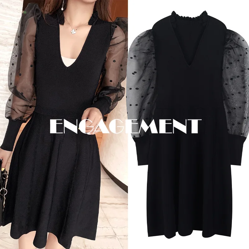 

Женское трикотажное платье с V-образным вырезом, длинным рукавом