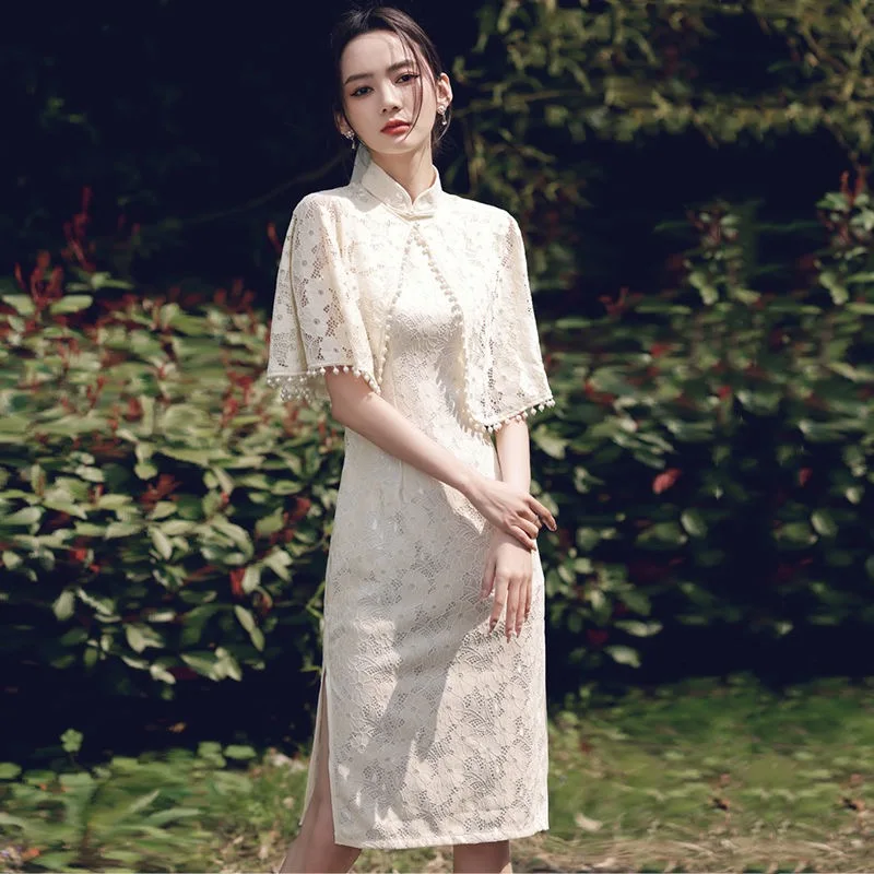 

Cheongsam Dress Modern 2021 Chinese Retro Lace Qipao Dresses with Pearl Shawl Two-piece Eleglant Cheongsams Oriental Party Dress