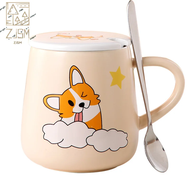 

440ml Corgi Dog Couple Coffee Mug Spoon With Lid Cute Cartoon Gift exquisite Office Decorations Mark Ceramic Water Cup