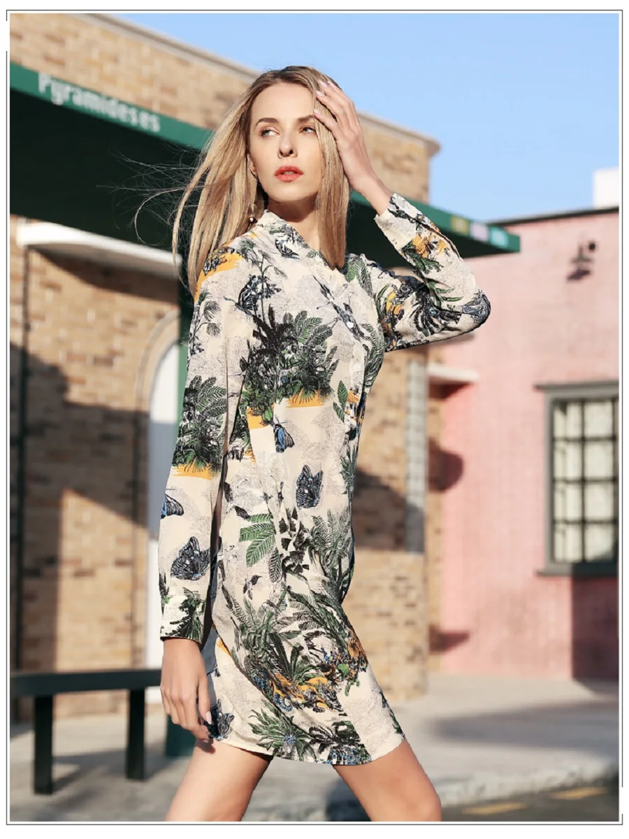 Big brand Tencel fabric printing floral pattern ladies loose dress 2020New women's clothing summer long sleeves XL | Женская одежда
