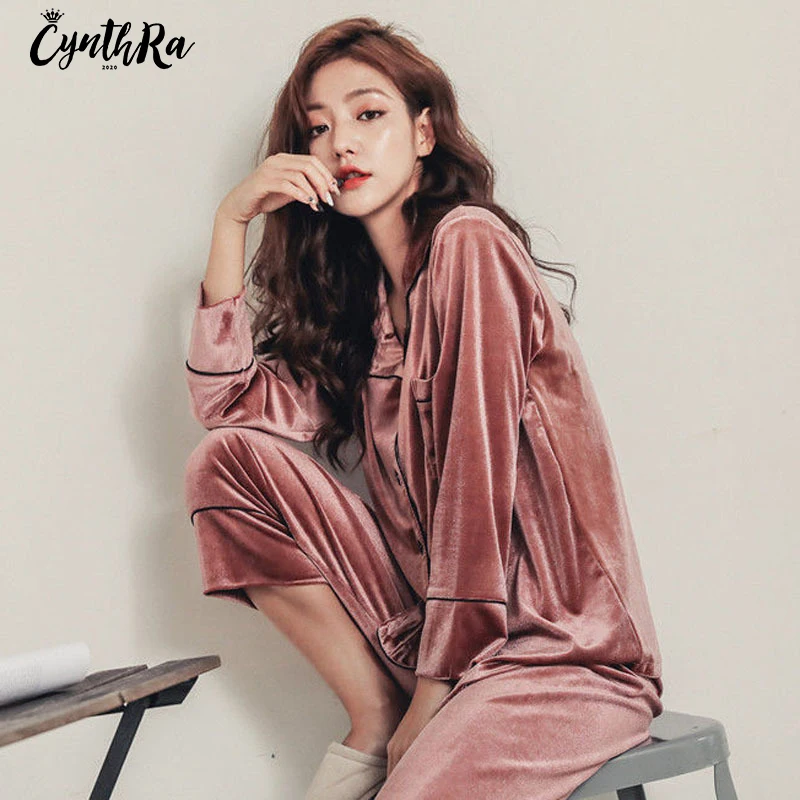 

CYNTHRA Sleepwear Suit Women Gold Velvet Cardigan Pyjamas Autumn Winter Sweet Daily Loose Lapel Long Sleeve Ladies Pamajas Sets