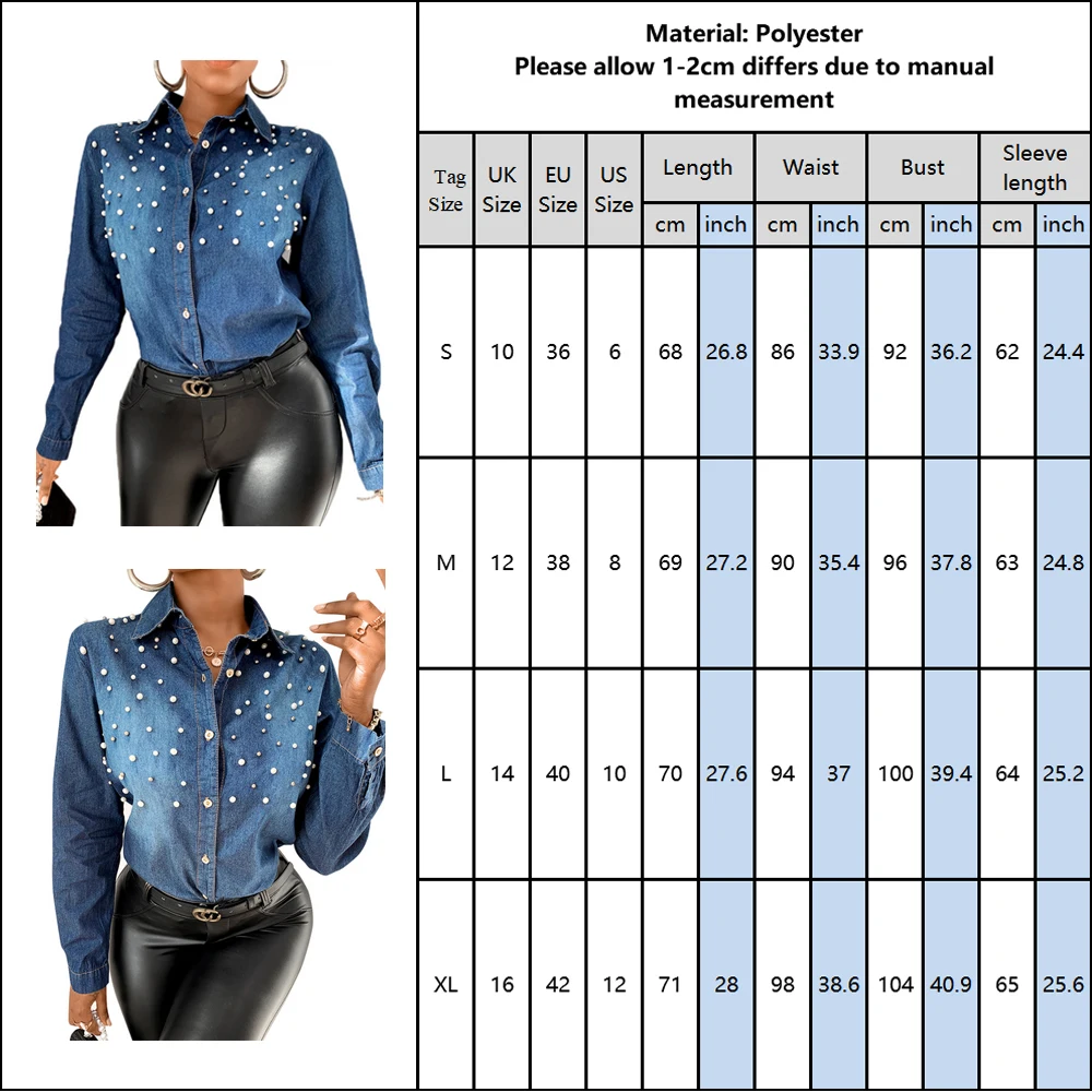 

Denim Blouses Shirt For Women Fashion Casual Office Work Wear Ol Ladies Top Pearl Blouses Turn-Down Female Top Tee Shirt