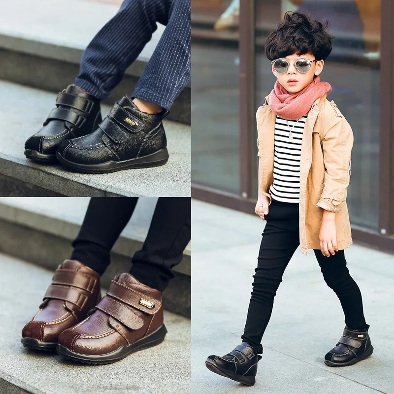 Winter Boys Boots Warm Kids Martin Boot Fashion Waterproof Genuine Leather Fur Shoes Children Sport Ankle Boots Plush Snow Boot