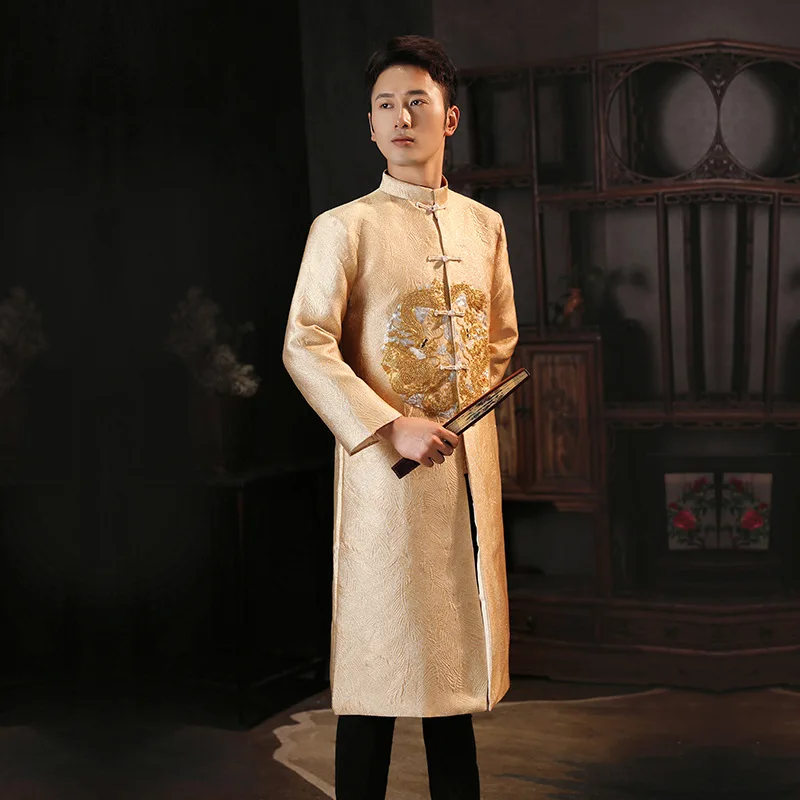 

Men Traditional Chinese Style Groom Wedding Cheongsam Long Sleeve Costume Jacket Dragon Embroidery Wear Tang Suit