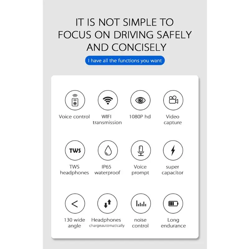 Wifi видеорегистратор с TWS гарнитурой 1080P Голосовое управление умный автомобиль