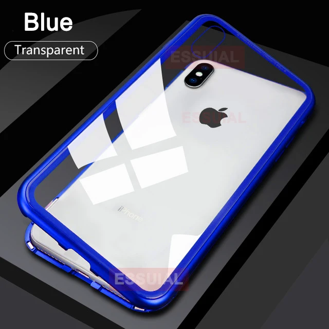 Магнитный адсорбционный металлический чехол для iPhone 11 Pro 7 8 Plus, задняя крышка из закаленного стекла на магните для iPhone 6 6s Plus X XS Max, чехол - Цвет: Transparent Blue