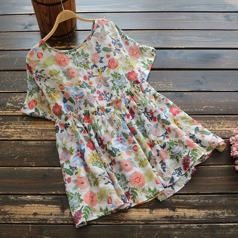 

Cotton Linen Floral Women Blouse Summer Vintage 2021 O-Neck Loose Ruffles Long Female Pulls Outwear Coats Tops