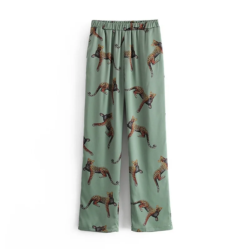 

Leopard Print 2 Pcs Women Set Turn Down Collar Long Sleeve Shirt + High Waist Hip Wide Leg Pants Summer 2021 Casual Pajama Suit
