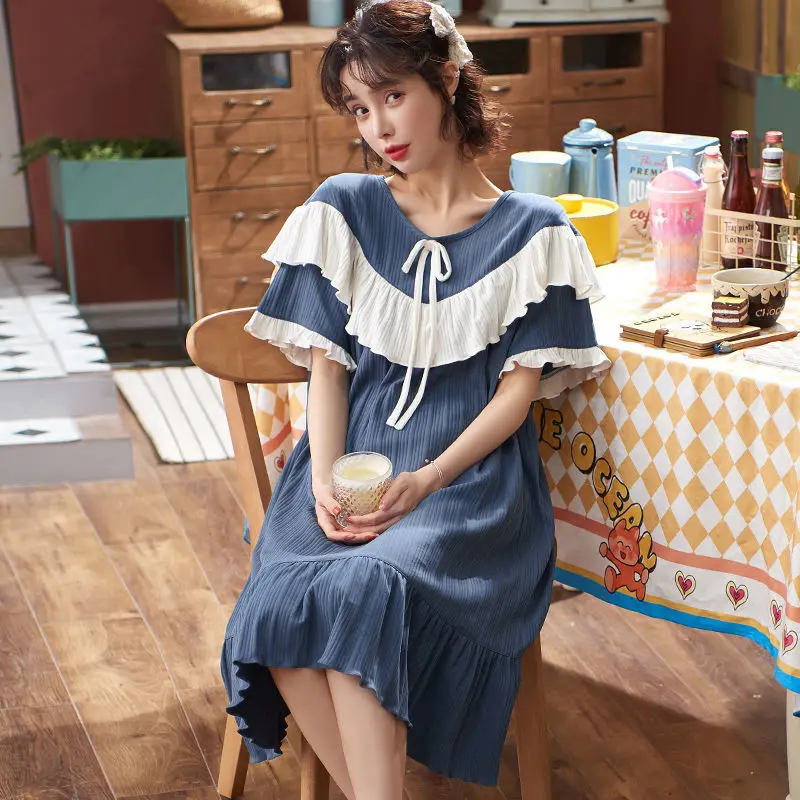 Ночные рубашки женские с оборками милые студенческие однотонные простые ночные