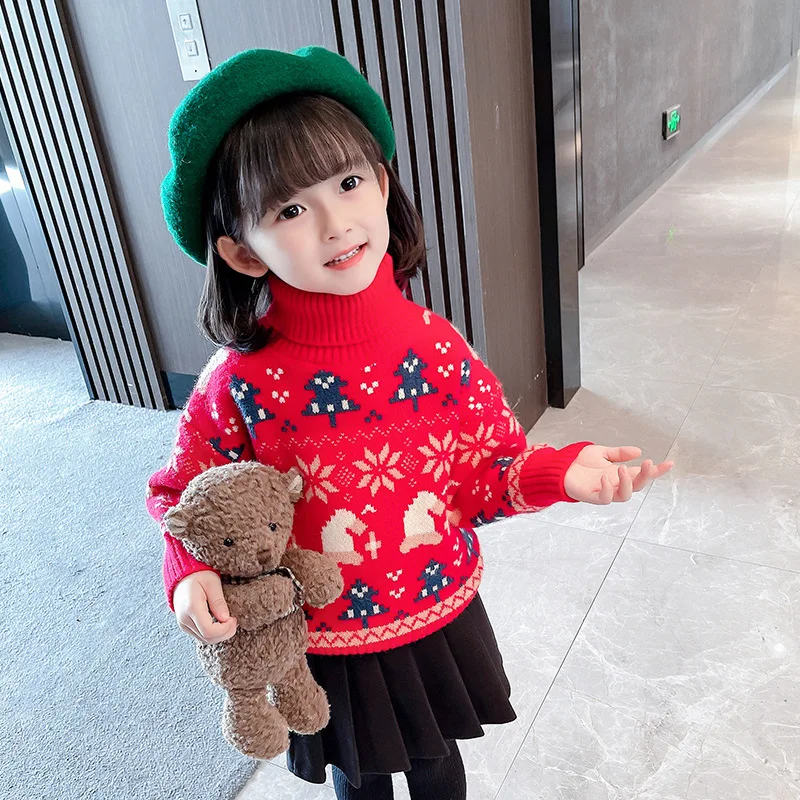 

Рождественский свитер, зимний свитер для девочек, свитер принцессы, Детская вязаная рубашка, мультяшный теплый пуловер с высоким воротнико...